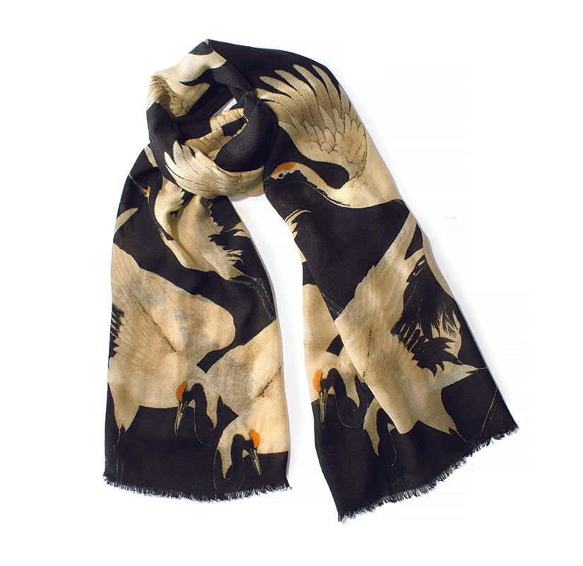 Black Wool Cranes Scarf* accessories