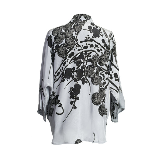 Grey Bamboo and Blossoms Silk Kimono Jacket* apparel view 2