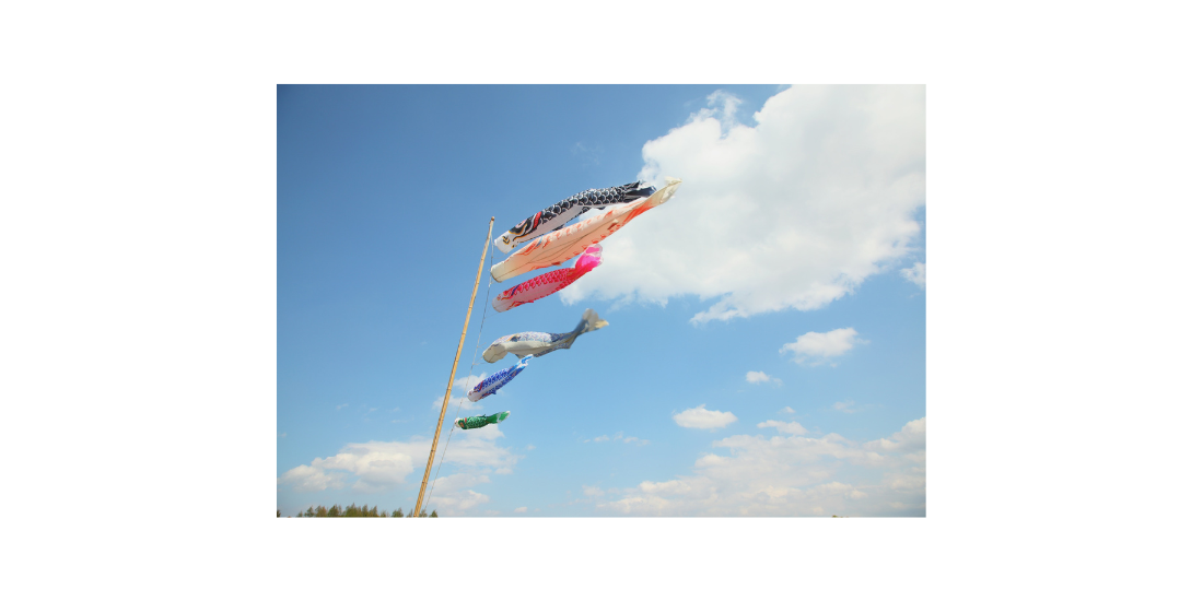 A string of colorful carp streamers fluttering in the blue sky with scattered white clouds.