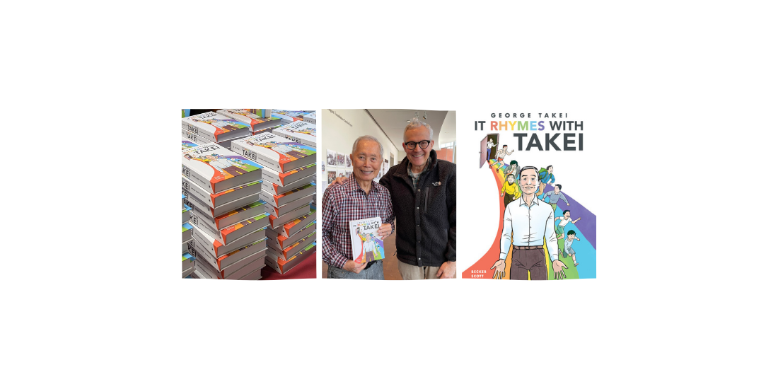 a tryptic of 3 stacks of "It Rhymes With Takei" books, George and Brad Takei posing with the book, It Rhymes with Takei book cover. 