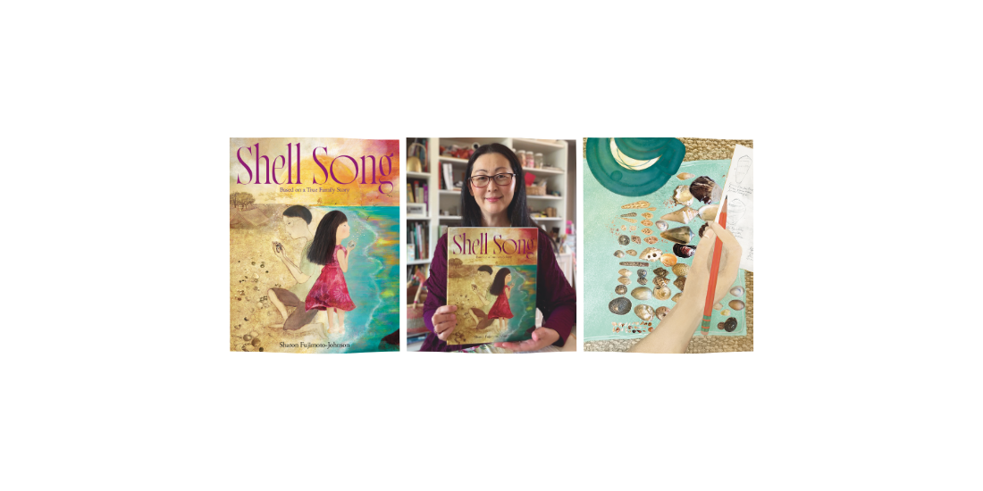 3 images, 1. Shell Song Book cover, 2. Author Sharon Fujimoto Johnson posing with her book, 3. illustration of Sharon's hand drawing her grandfather's shell collection.