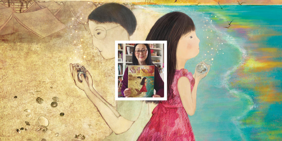Picture of the author collaged onto a picture of Shell Song Book Cover