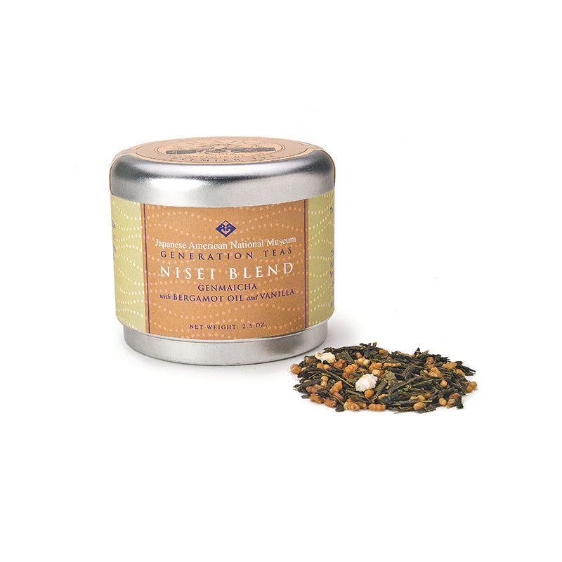 Tin of Nisei Blend Generations Tea with a sample of the genmaicha and bergamot tea next to it.