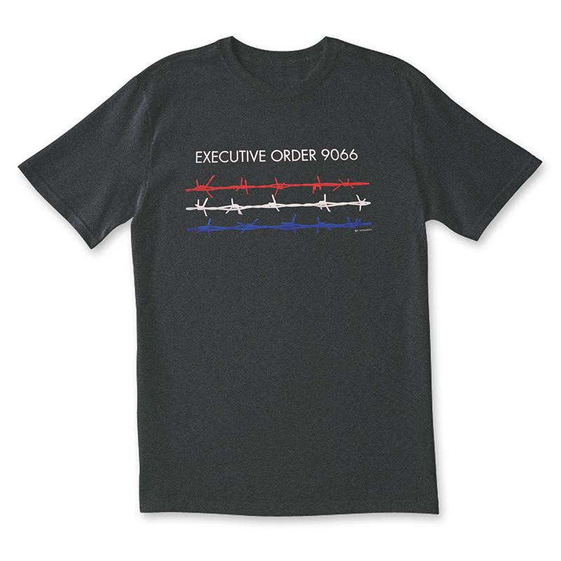 Dark grey t-shirt with red, white and blue barbed wire design by Bob Matsumoto.