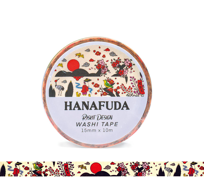 Roll of hanafuda washi tape with a flat sample of the pattern underneath.