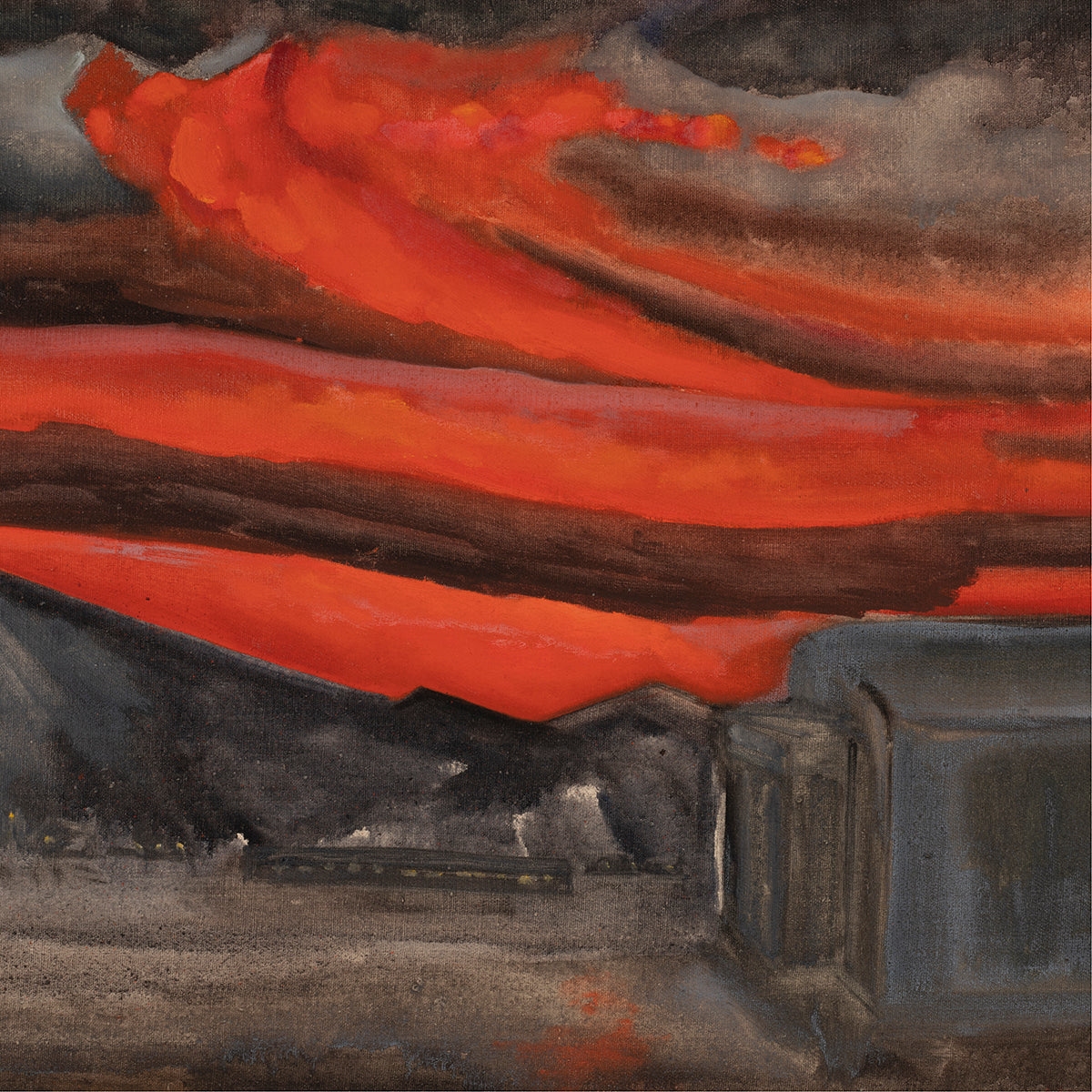 Hisako Hibi painting detail of Eastern Sky red clouds over dark barracks