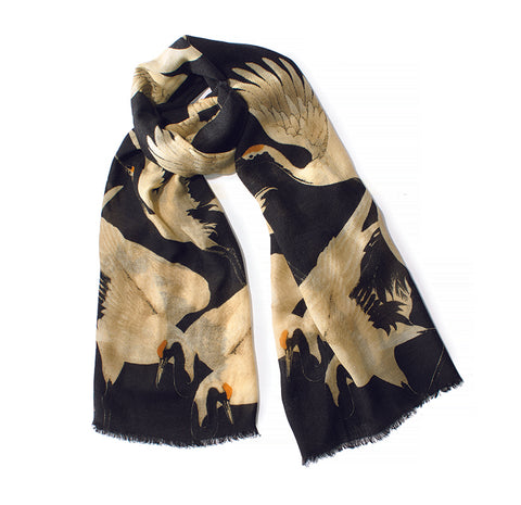 Black Wool Cranes Scarf