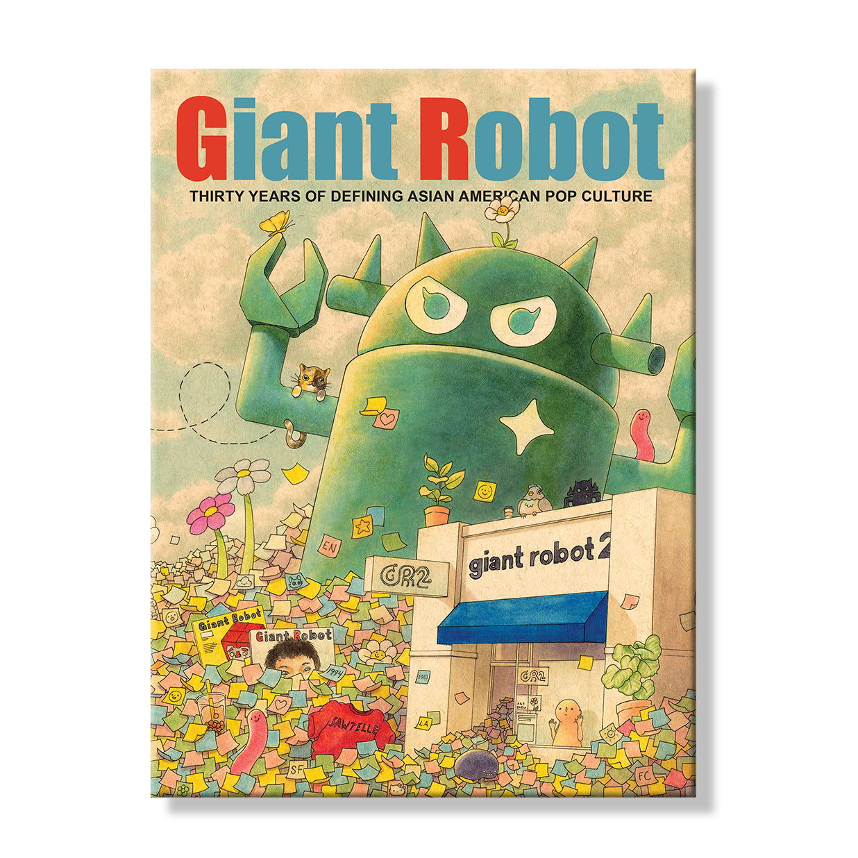 Cover of the Giant Robot book showing a big green robot wading through a sea of post-it notes surrounding the Giant Robot store.