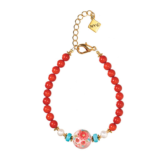 Clear Mum Tensha Bead and Coral Bracelet