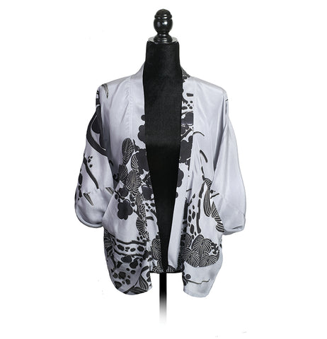 Grey Bamboo and Blossoms Silk Kimono Jacket