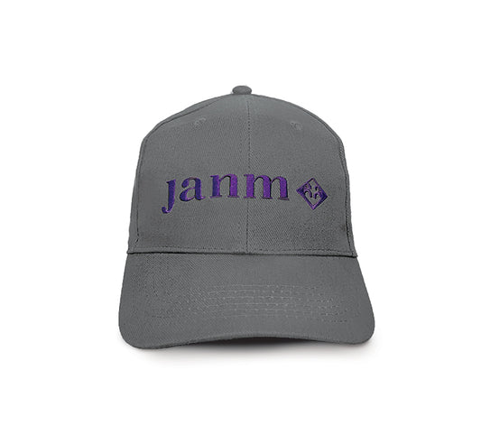 Front of cap with 'janm' text and logo embroidery. 