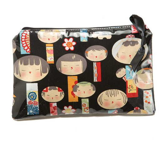 Yancha Kokeshi Print Cosmetic Bag-Black