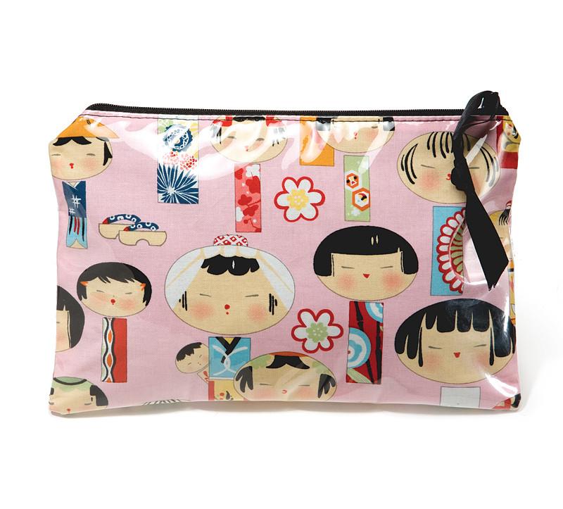 Yancha Kokeshi Print Cosmetic Bag-Manju Pink