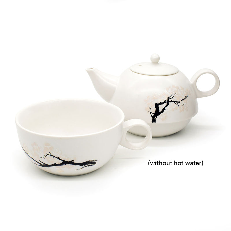 Japanese Design White Cherry Blossom Teapot and Cups Set